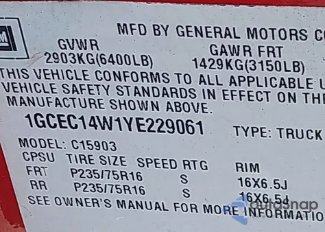 2000 Chevrolet Silverado 1500 from USA, damaged, VIN 1GCEC14W1YE229061